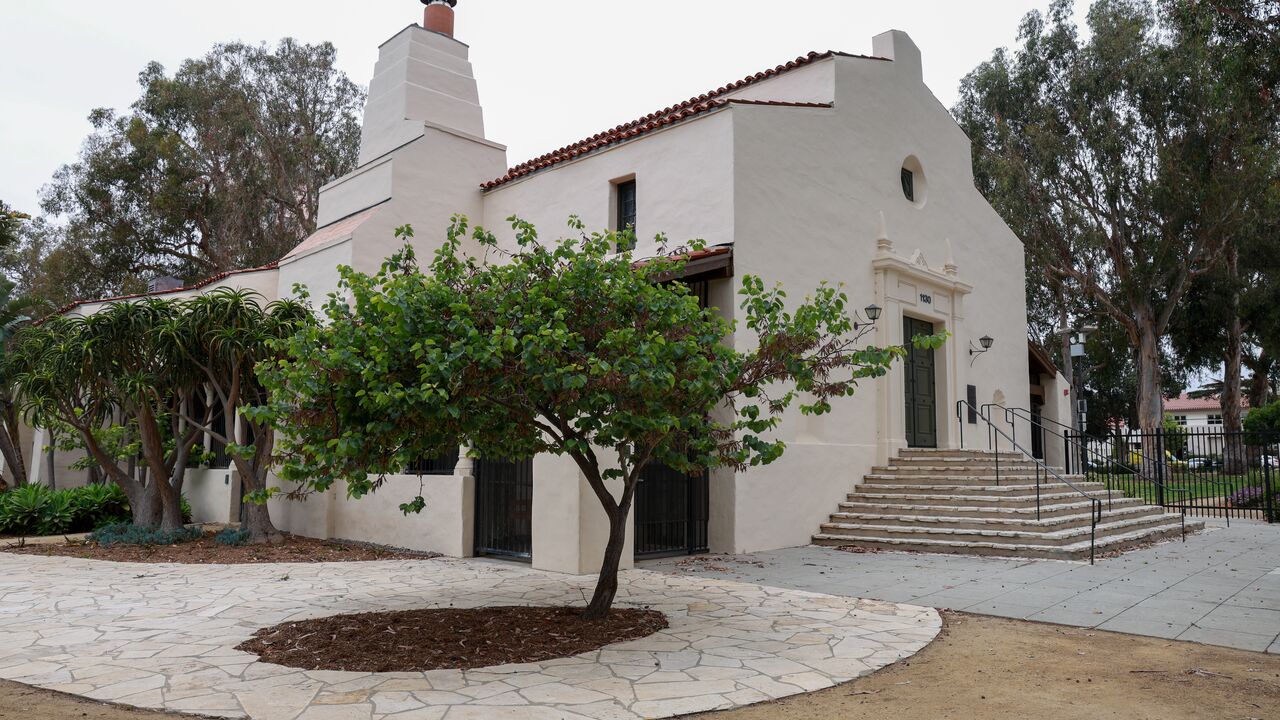 Front and side view of the Miles Memorial Playhouse in Reed Park