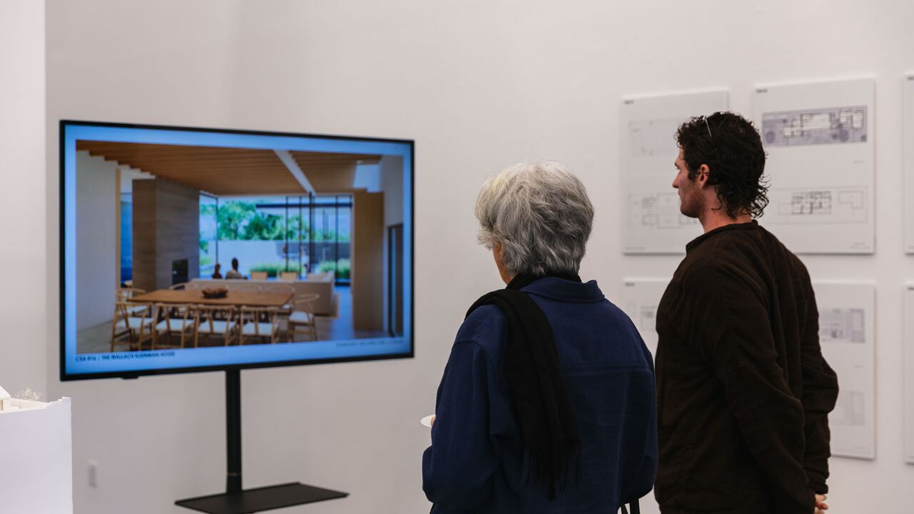 People viewing video monitor at Santa Monica City Gallery