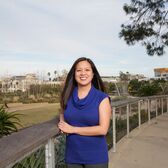Interim City Librarian Erica Cuyugan Wearing a Blue Shirt in Tongva Park