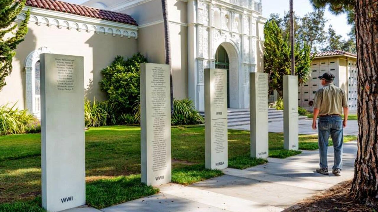 Five upright slabs of Woodlawn Cemetery's Commemorative Wall contain the names of Santa Monica's Veterans that died during active combat since World War I