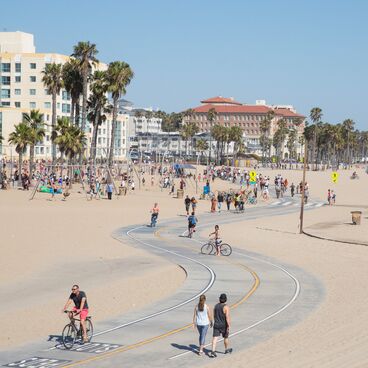 Santa Monica Beach Bike Path with Bicyclists, Pedestrians, Buildings and Palm Trees  