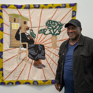 Artist Gary Tyler with Art Bank acquisition In Memoriam of an Ashanti Warrior at Frieze Los Angeles 2024