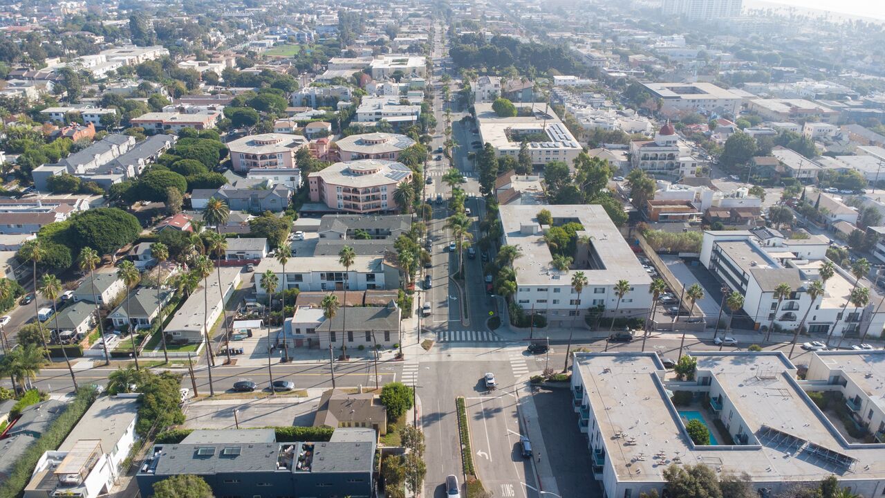 Aerial view of intersection at 4th St. and Bay St. , showing buildings and trees