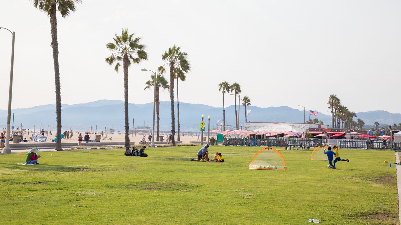 People Sitting on Grass and Playing Soccer With the Beach and Santa Monica Pier in the Background