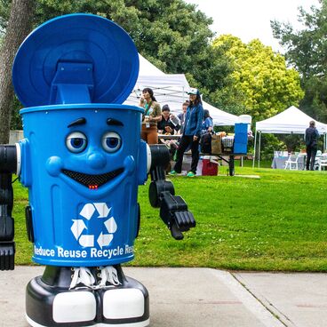 Blue recycling container robot at Kidical Mass 2023