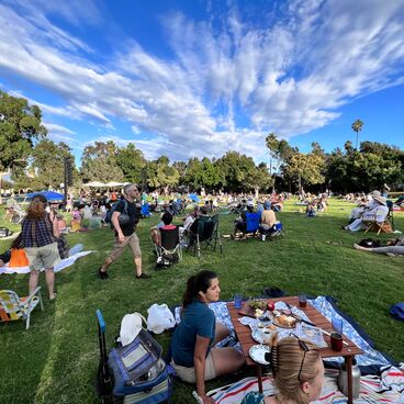 Event attendees with picnics and lawn chairs in Gandara Park